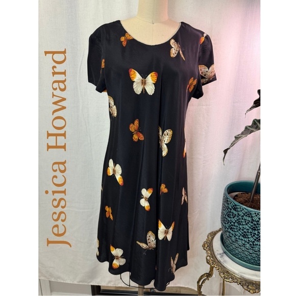 Jessica Howard Dresses & Skirts - Jessica Howard Black Butterfly Print A-Line Midi Dress Elegant Garden Party